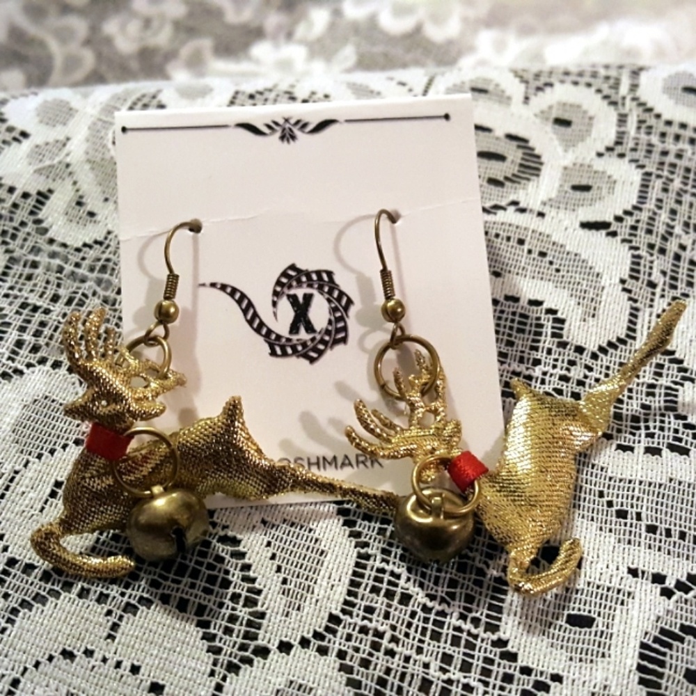 Jingle Bells Golden Reindeer Fabric Hook Earrings